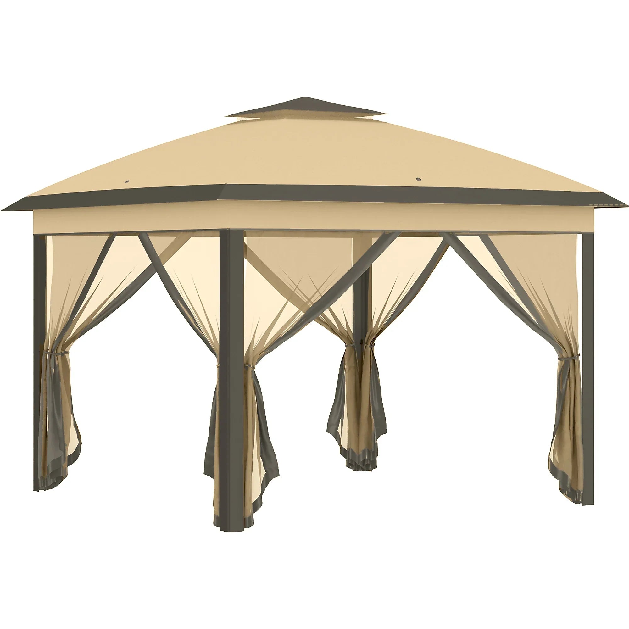 Outsunny 330cm x 330cm Pop Up Canopy, Double Roof Foldable Canopy Tent with Zippered Mesh Sidewalls, Height Adjustable, Beige