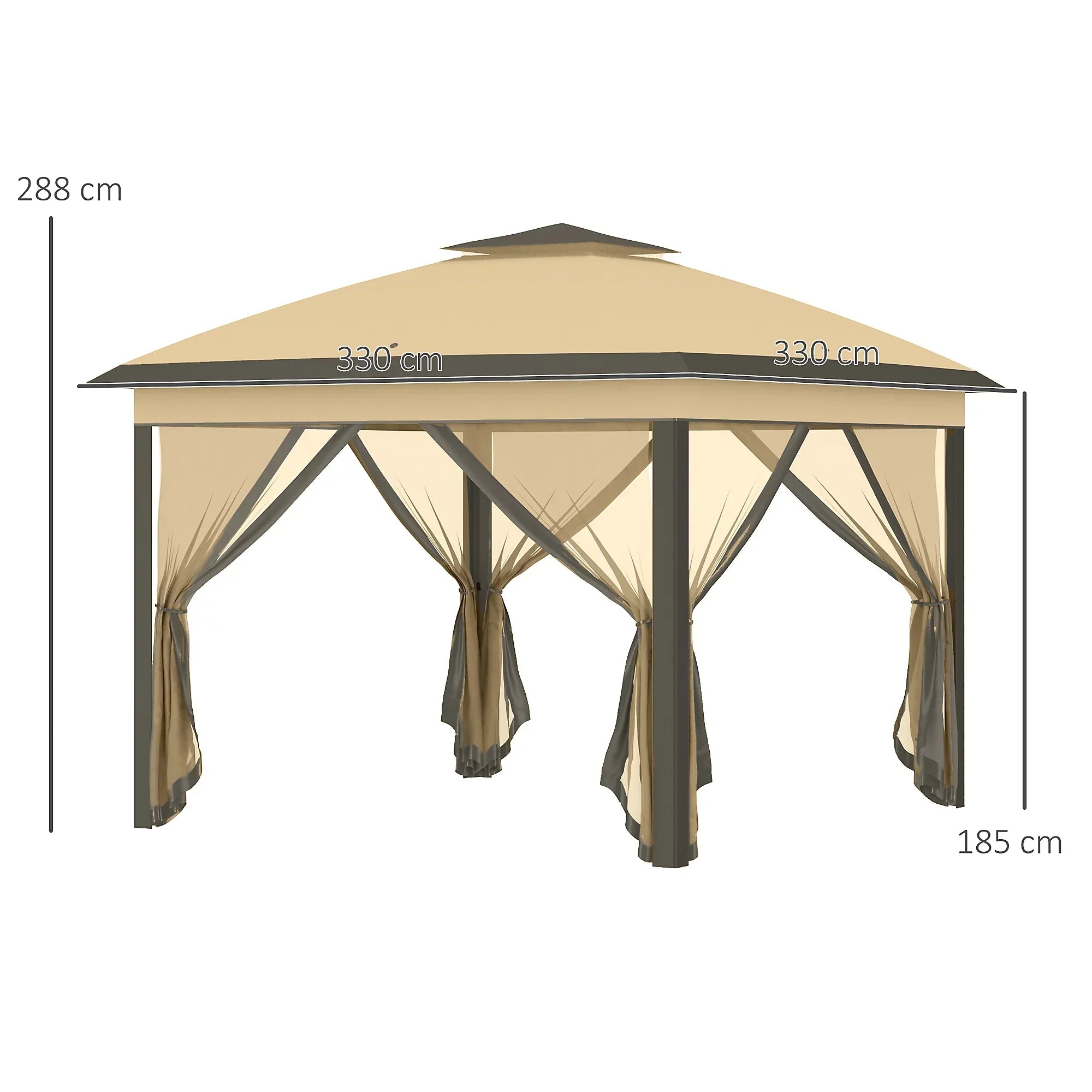 Outsunny 330cm x 330cm Pop Up Canopy, Double Roof Foldable Canopy Tent with Zippered Mesh Sidewalls, Height Adjustable, Beige